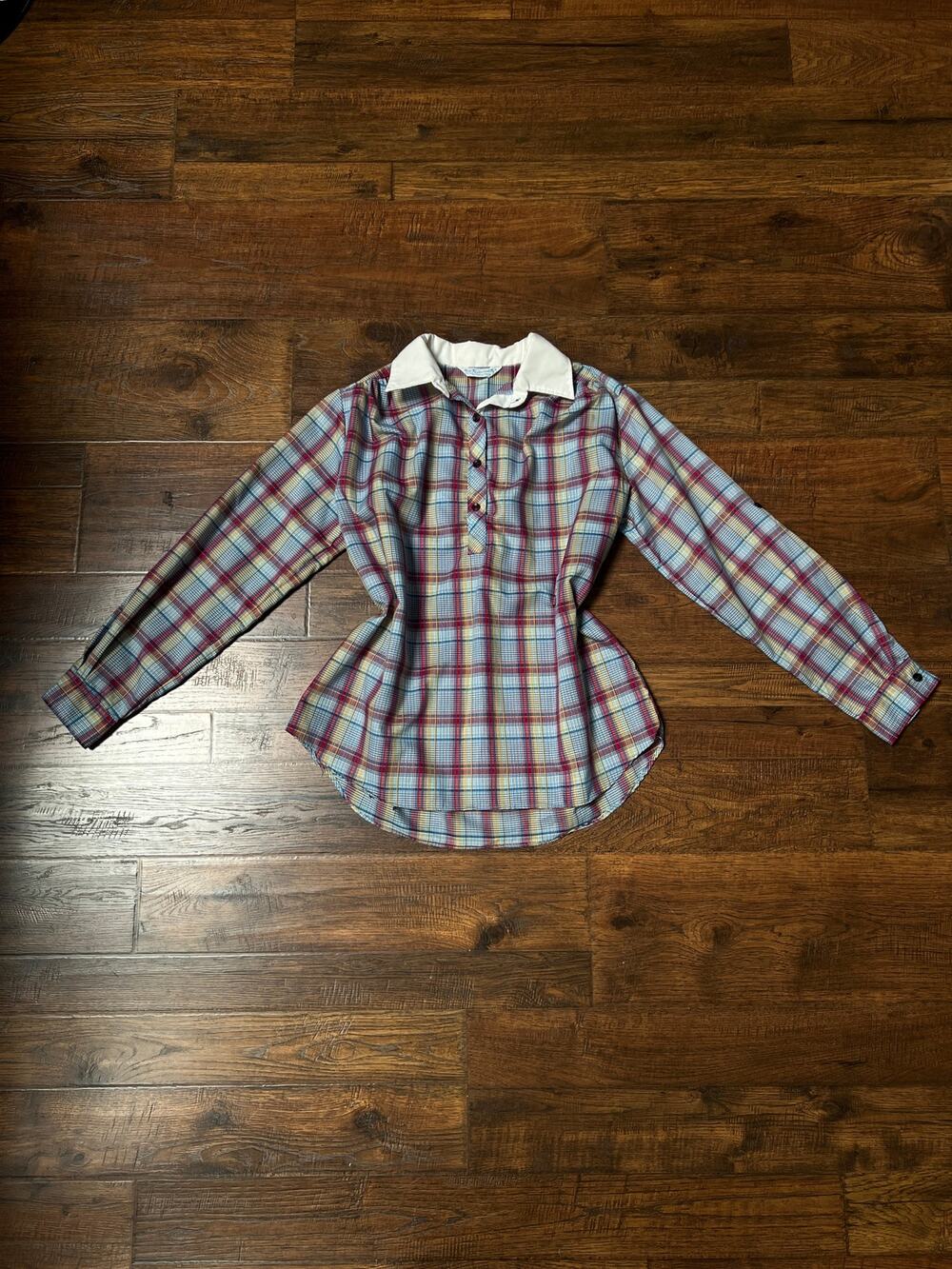 Vintage Miss Fashionability Plaid Blouse Contrast White Collar Preppy Style MED